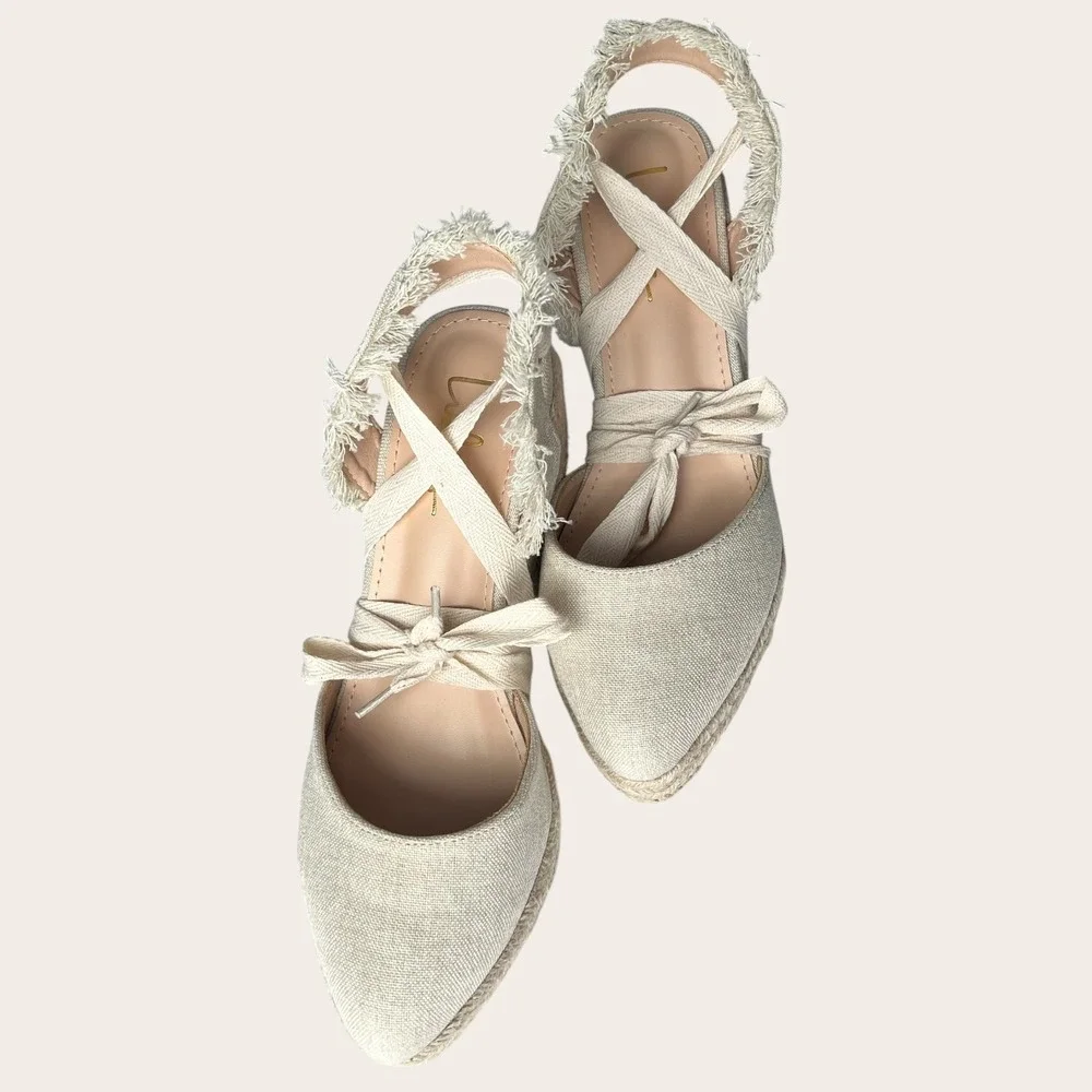 Lulus Elsinore Linen Lace-Up Espadrille Wedges Beige Closed‎ Toe 7.5 NWOT